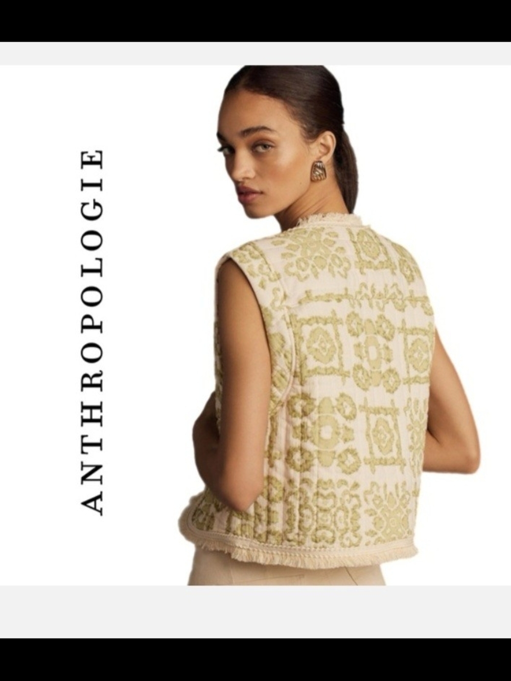 Anthropologie Cream and Olive Embroidered Fringe Vest
